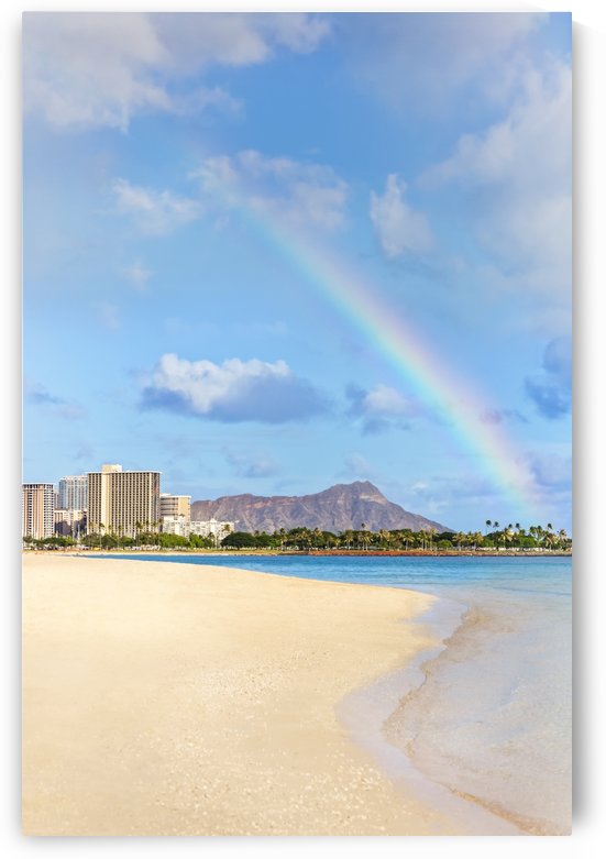 View of Waikiki beach and Diamond Head crater at Ala Moana Beach Park with a rainbow overhead; Honolulu, Oahu, Hawaii, United States of America by PacificStock