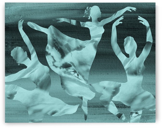 Art Watercolor Ballerinas Silhouette In Teal by Irina Sztukowski